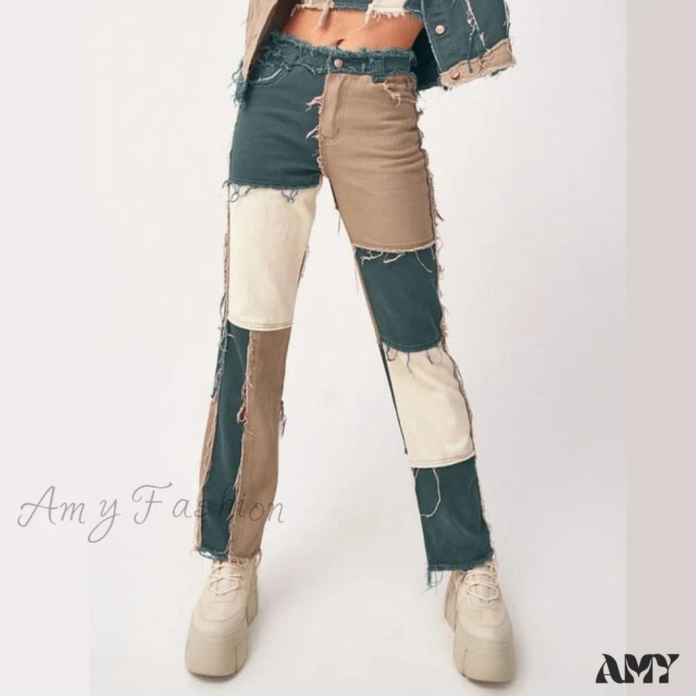 Amy Fashion - Casual Hip Hop High Waist Loose Straight Pants Green / Xs