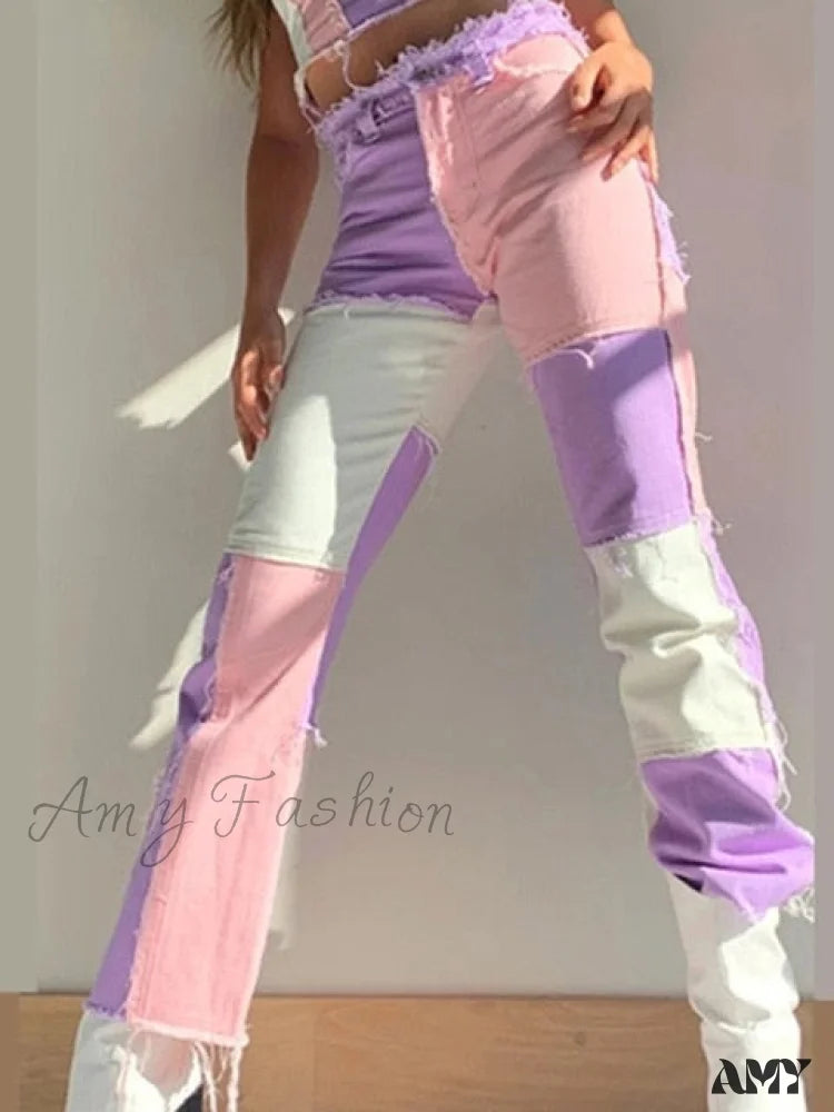 Amy Fashion - Casual Hip Hop High Waist Loose Straight Pants Pink / Xs