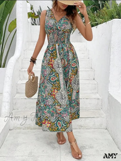 Amy Fashion - Casual Holiday Female Summer Boho Dress Dark Green / S