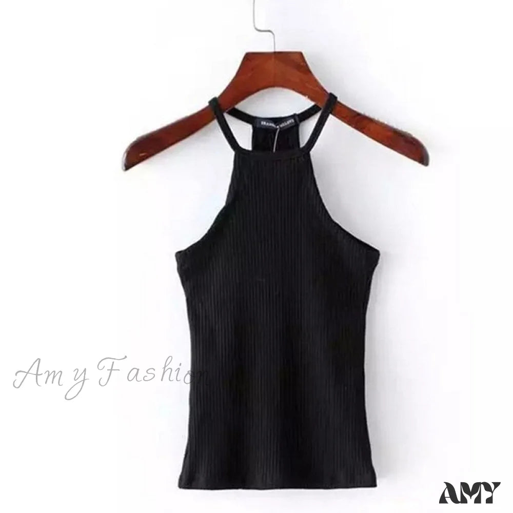 Amy Fashion - Casual Knit Basic Tank Top Black / S