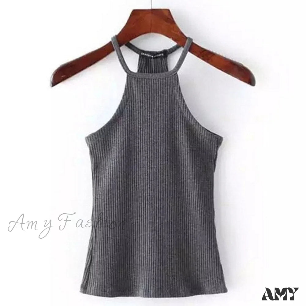 Amy Fashion - Casual Knit Basic Tank Top Deep Grey / S