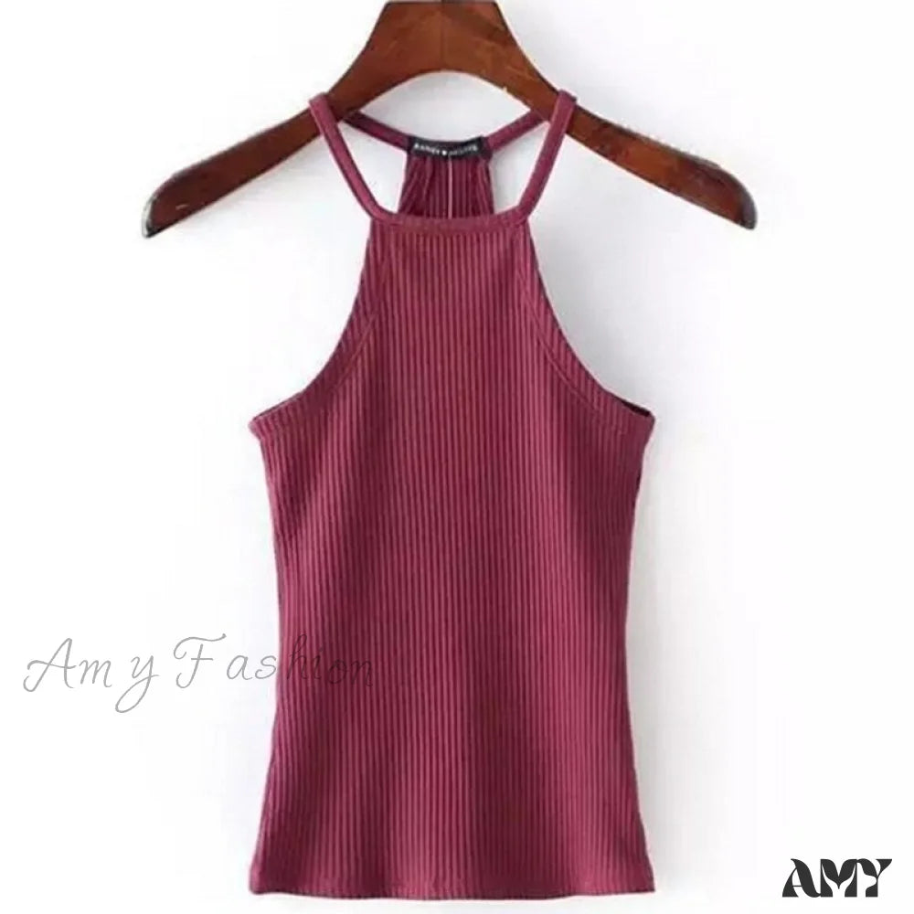 Amy Fashion - Casual Knit Basic Tank Top Red / S