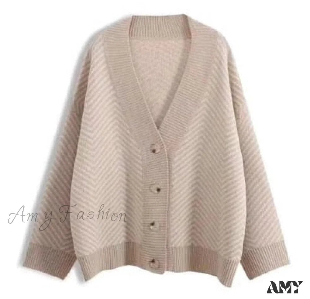 Amy Fashion - Casual Knitted Cardigan Oversize Button Front Contrast Stripe 1 / One Size