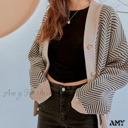 Amy Fashion - Casual Knitted Cardigan Oversize Button Front Contrast Stripe