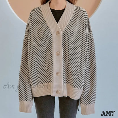 Amy Fashion - Casual Knitted Cardigan Oversize Button Front Contrast Stripe