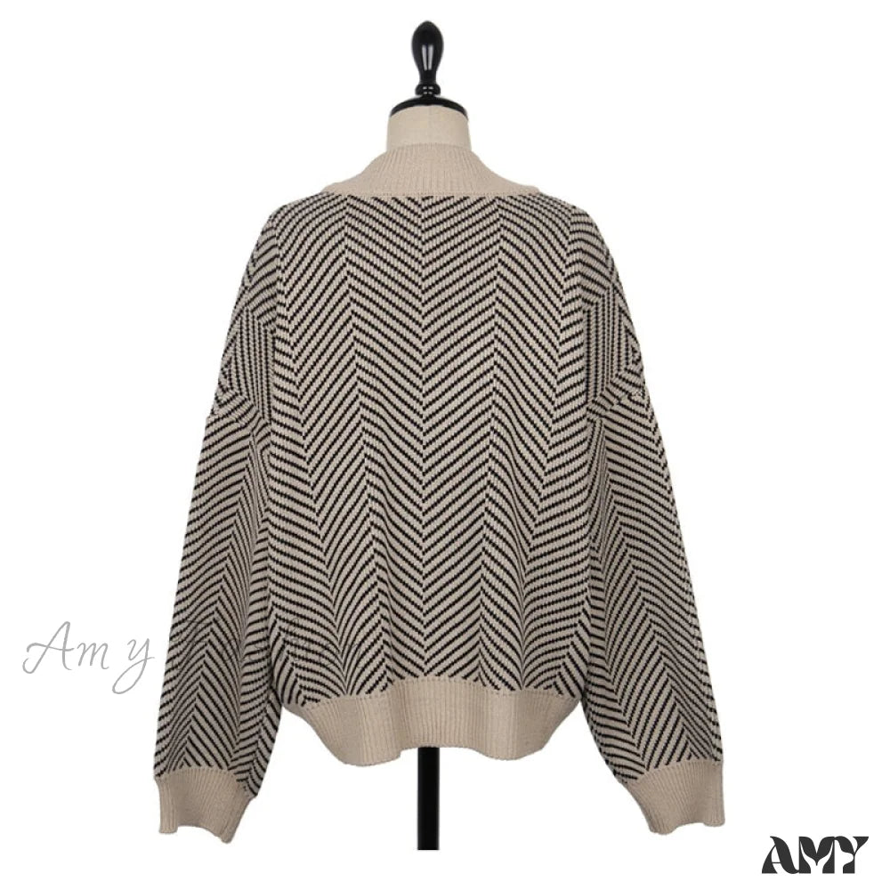 Amy Fashion - Casual Knitted Cardigan Oversize Button Front Contrast Stripe