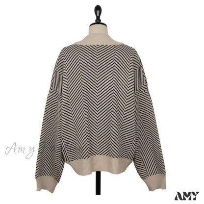 Amy Fashion - Casual Knitted Cardigan Oversize Button Front Contrast Stripe