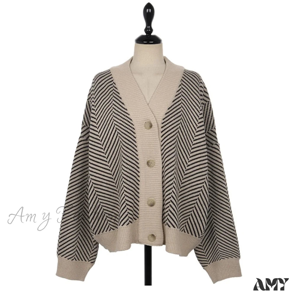 Amy Fashion - Casual Knitted Cardigan Oversize Button Front Contrast Stripe As Photo / One Size