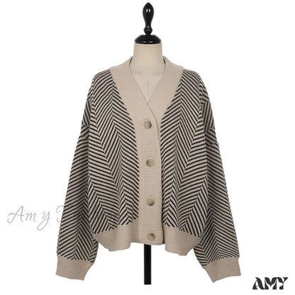 Amy Fashion - Casual Knitted Cardigan Oversize Button Front Contrast Stripe As Photo / One Size