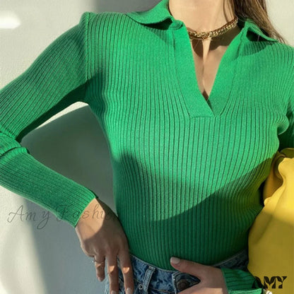 Amy Fashion - Casual Knitted V Neck Long Sleeve Slim Fit Sweater