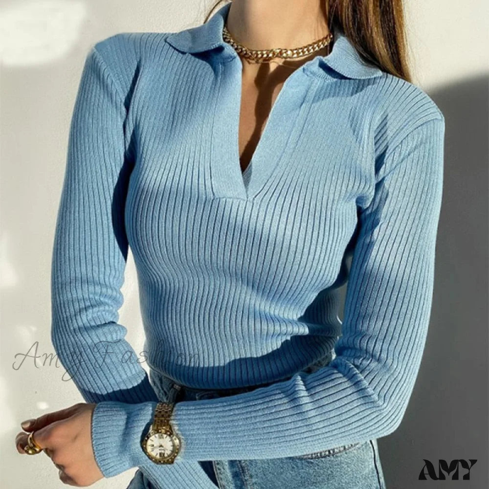 Amy Fashion - Casual Knitted V Neck Long Sleeve Slim Fit Sweater