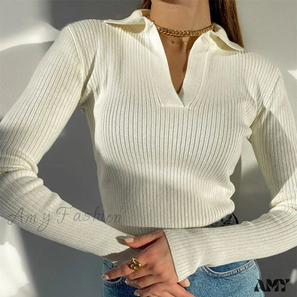 Amy Fashion - Casual Knitted V Neck Long Sleeve Slim Fit Sweater