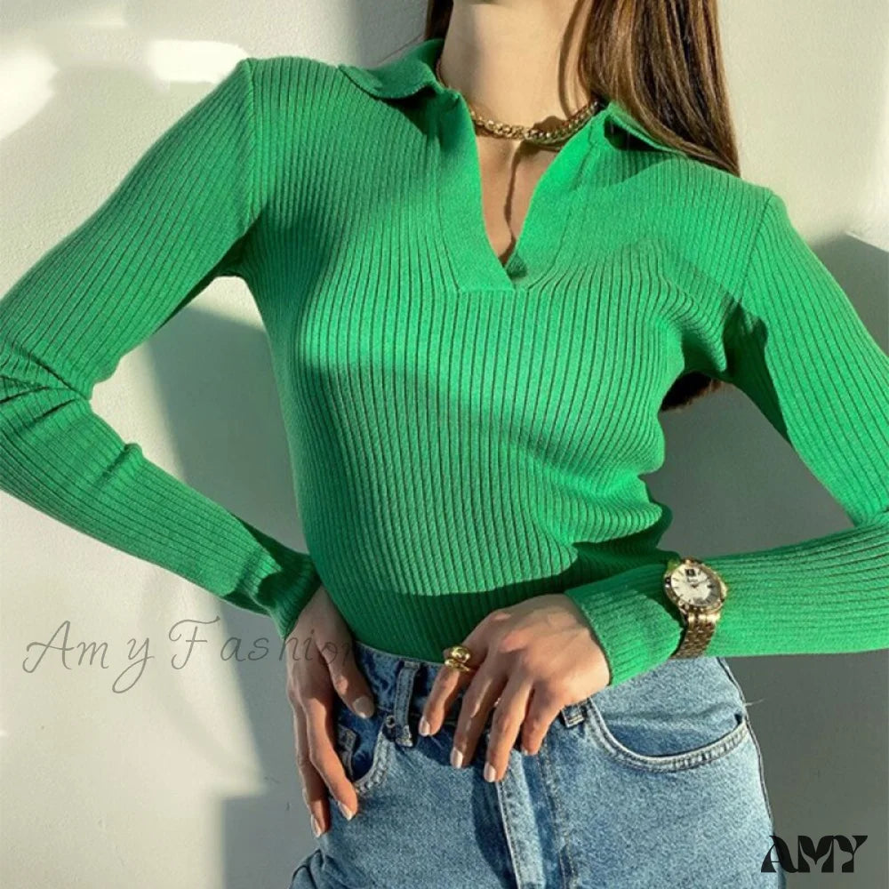 Amy Fashion - Casual Knitted V Neck Long Sleeve Slim Fit Sweater Green / S