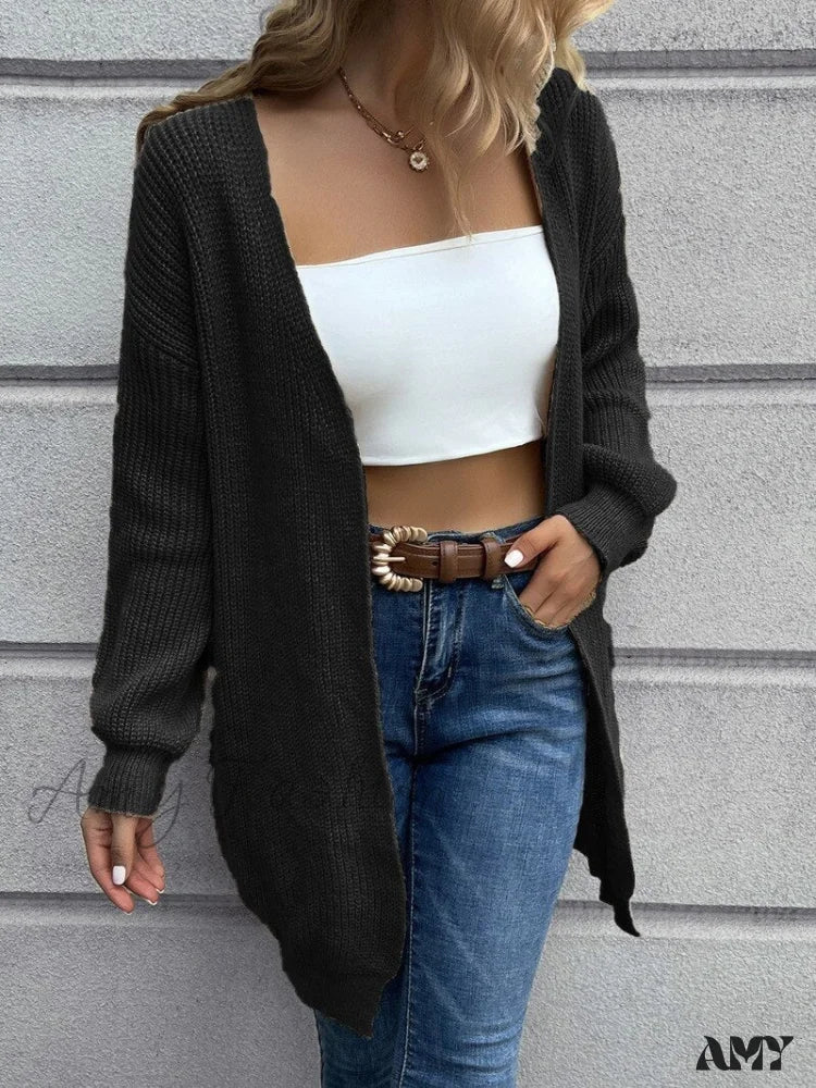 Amy Fashion - Casual Long Knitted Cardigan Women V-Neck Sweater Black-Short / M