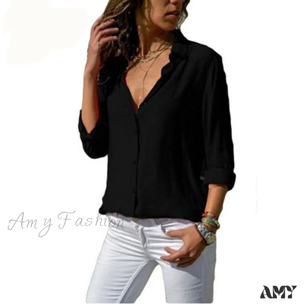 Amy Fashion - Casual Long Sleeve Elegant Shirt Black / S