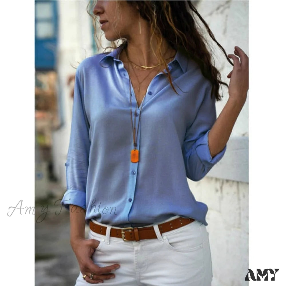 Amy Fashion - Casual Long Sleeve Elegant Shirt Cowboy Blue / S