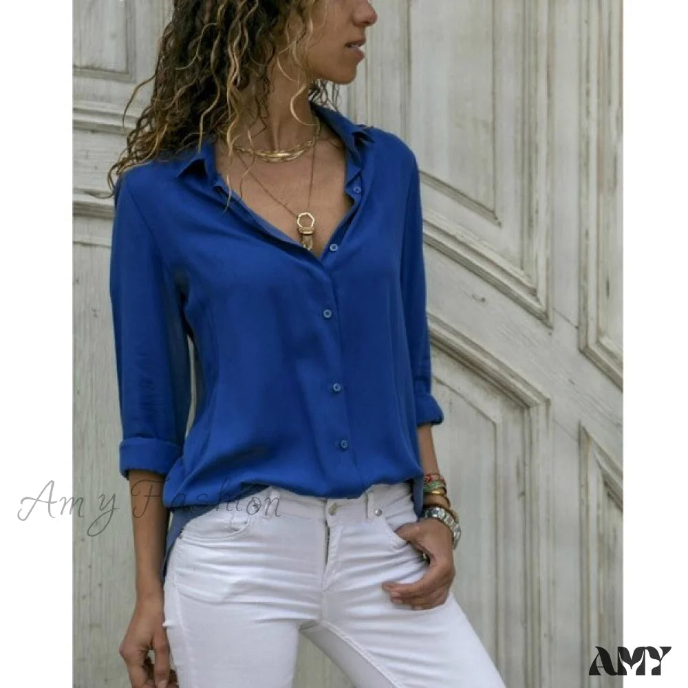 Amy Fashion - Casual Long Sleeve Elegant Shirt Deep Blue / S