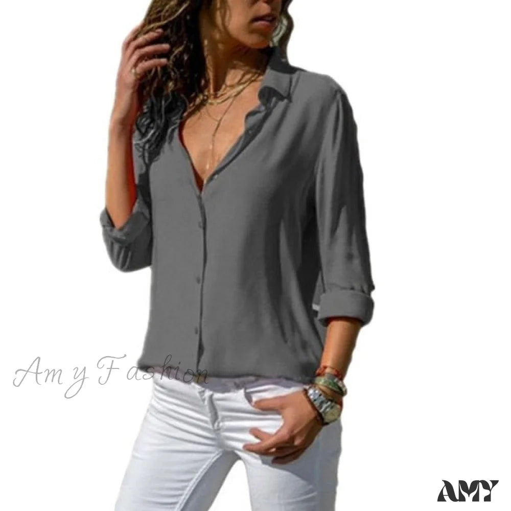 Amy Fashion - Casual Long Sleeve Elegant Shirt Gray / S