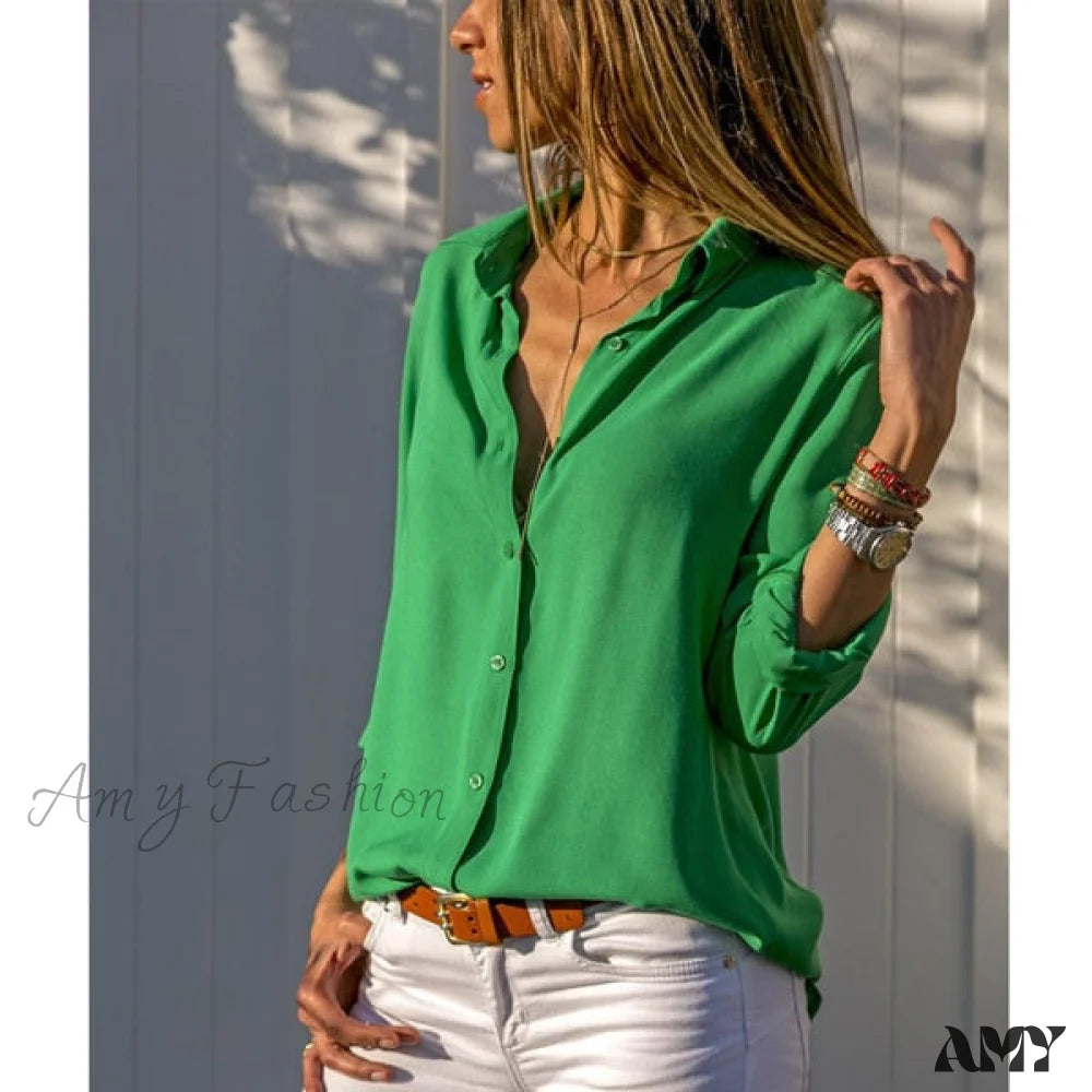 Amy Fashion - Casual Long Sleeve Elegant Shirt Green / S