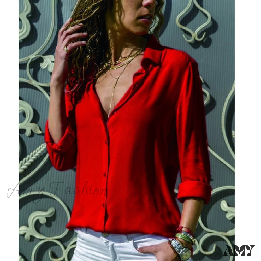 Amy Fashion - Casual Long Sleeve Elegant Shirt Red / S