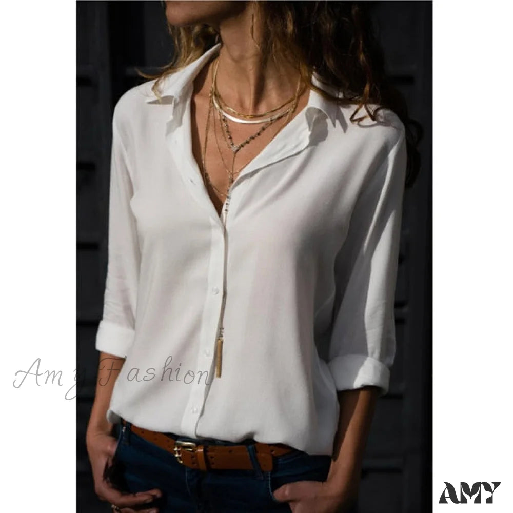 Amy Fashion - Casual Long Sleeve Elegant Shirt White / S