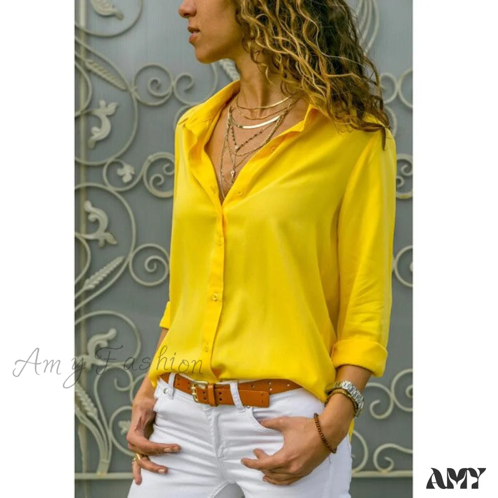 Amy Fashion - Casual Long Sleeve Elegant Shirt Yellow / S