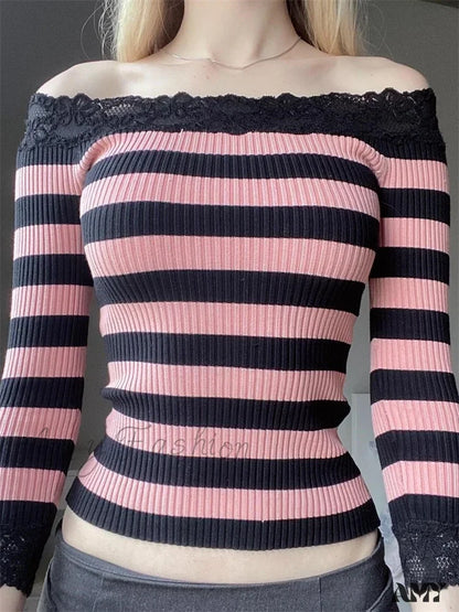 Amy Fashion - Casual Long Sleeve Retro Striped Off-Shoulder T-Shirts Pink / S