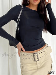 Amy Fashion - Casual Long Sleeve Solid Slim Fit Pullovers T-Shirts Black 1 / S