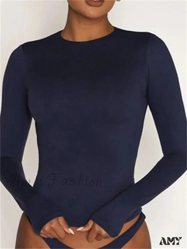 Amy Fashion - Casual Long Sleeve Solid Slim Fit Pullovers T-Shirts Black 2 / S