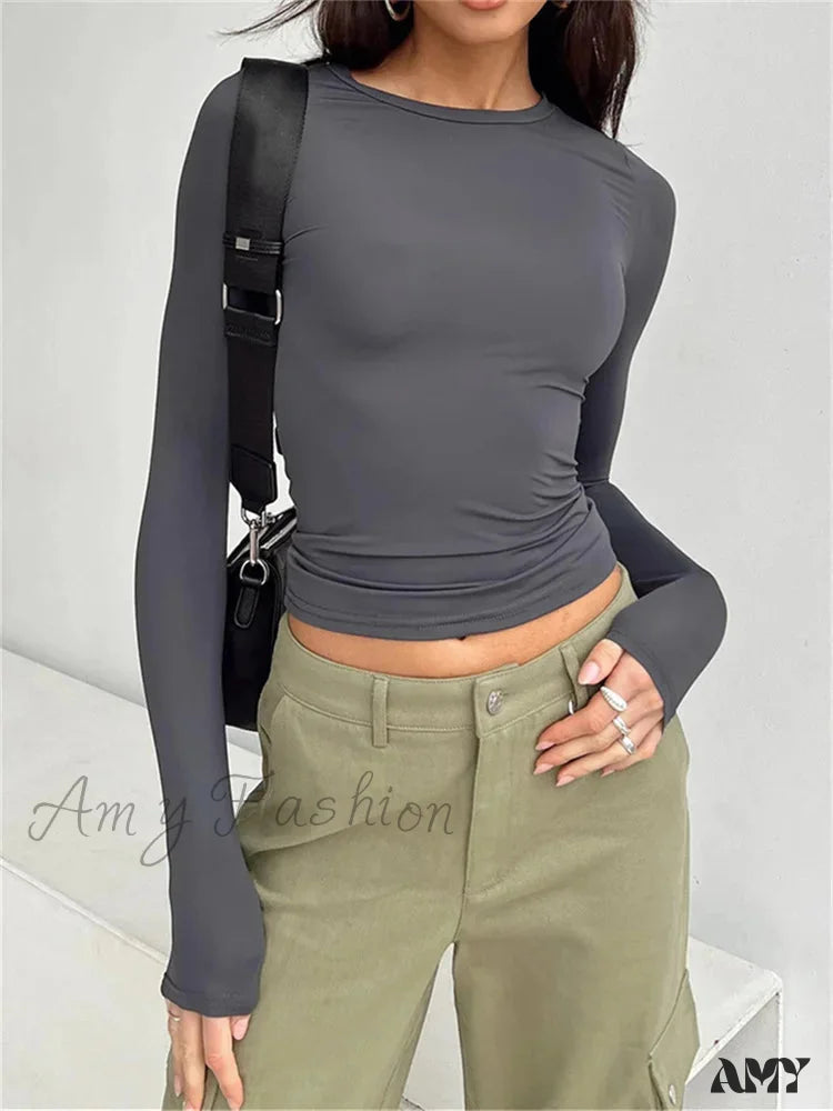 Amy Fashion - Casual Long Sleeve Solid Slim Fit Pullovers T-Shirts Grey 1 / S