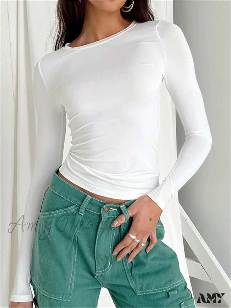 Amy Fashion - Casual Long Sleeve Solid Slim Fit Pullovers T-Shirts White / S