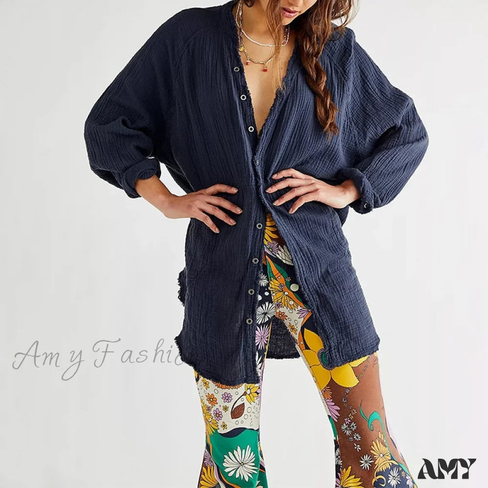 Amy Fashion - Casual Loose 100% Cotton Gauze Shirts