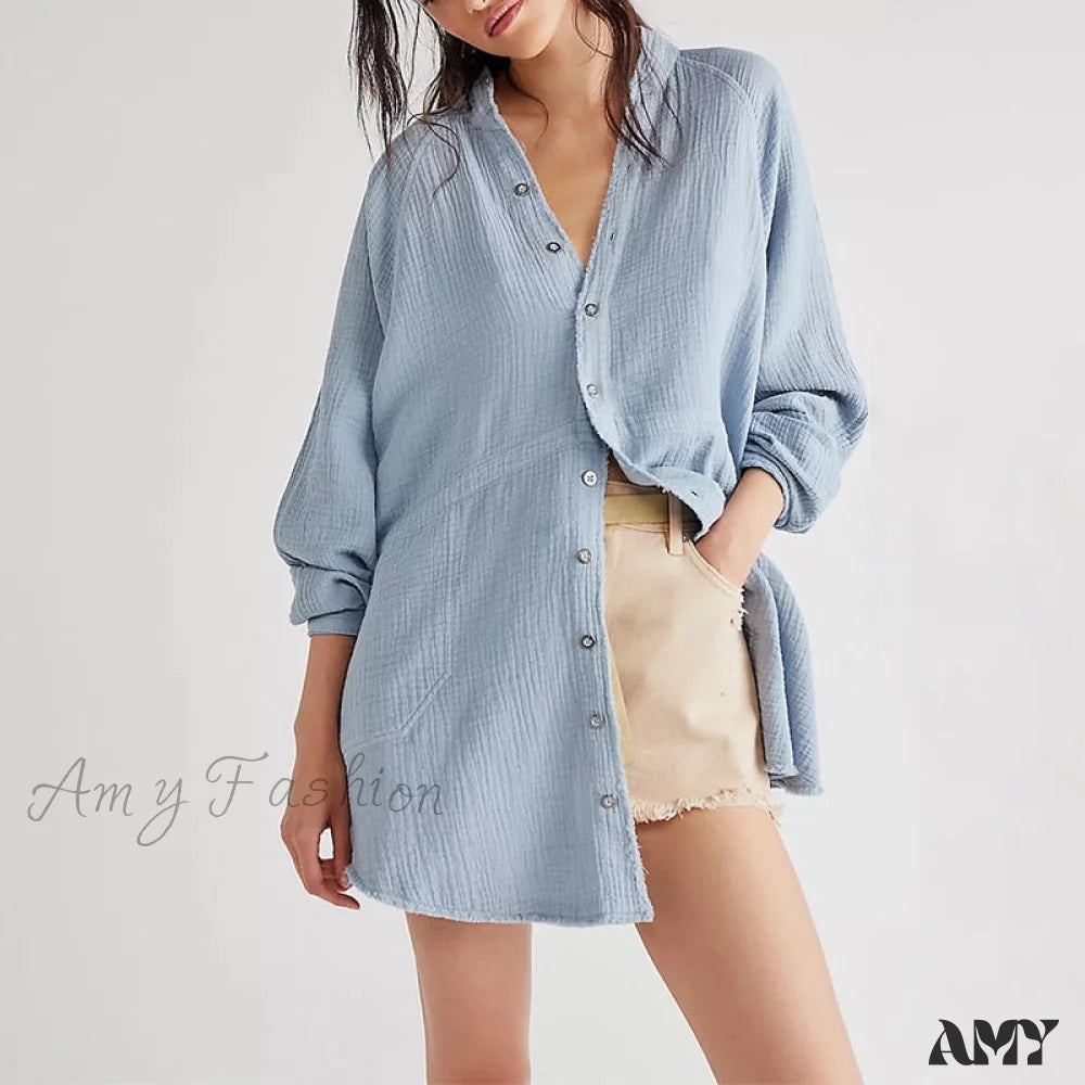 Amy Fashion - Casual Loose 100% Cotton Gauze Shirts
