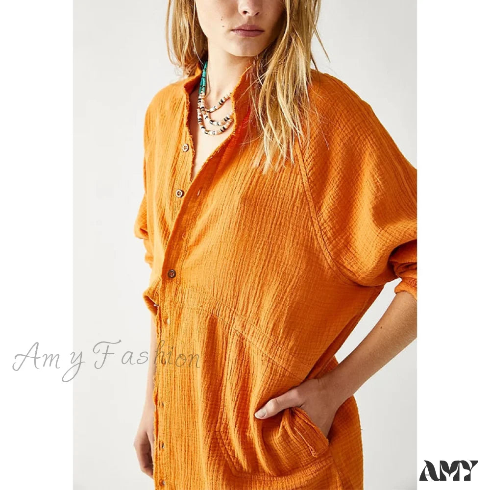 Amy Fashion - Casual Loose 100% Cotton Gauze Shirts