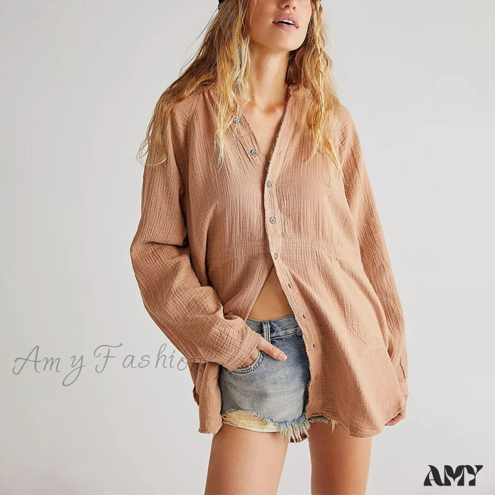 Amy Fashion - Casual Loose 100% Cotton Gauze Shirts Khaki / One Size