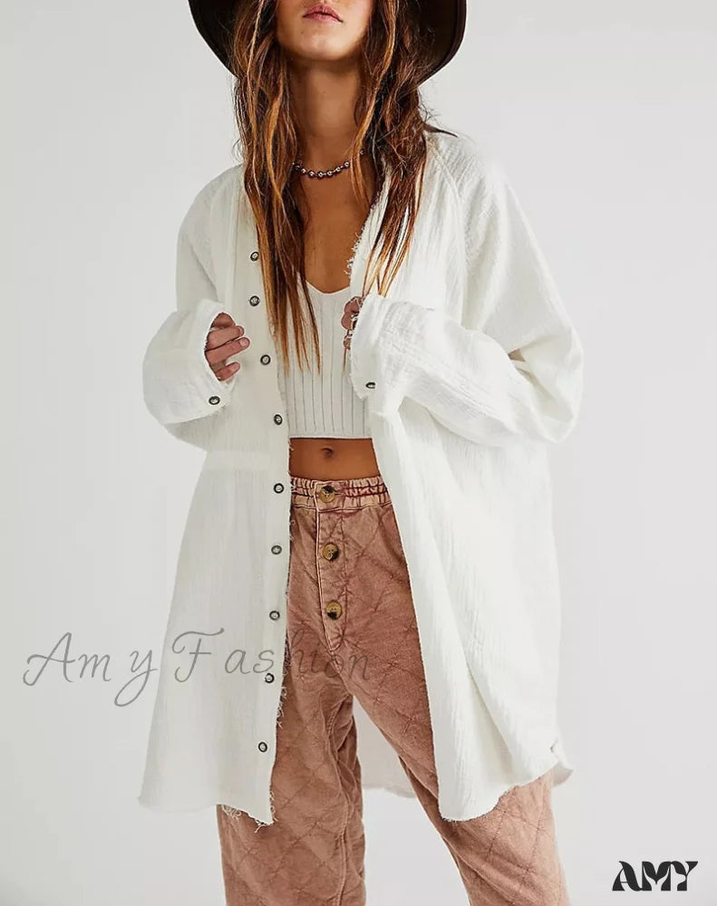 Amy Fashion - Casual Loose 100% Cotton Gauze Shirts White / One Size