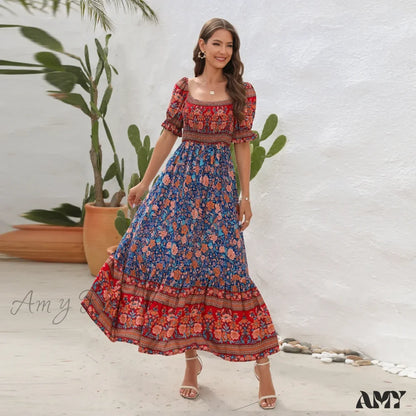 Amy Fashion - Casual Midi Sexy Elegant Beach Vacation Boho Dress Blue / S