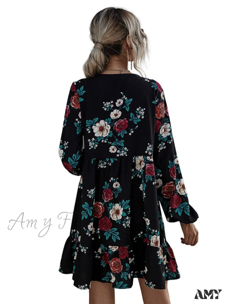 Amy Fashion - Casual O-Neck Full Sleeve High Waist Floral Dress