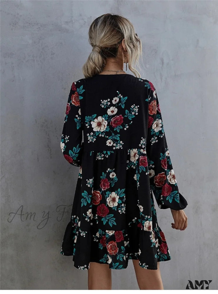 Amy Fashion - Casual O-Neck Full Sleeve High Waist Floral Dress