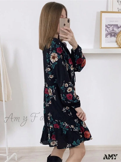 Amy Fashion - Casual O-Neck Full Sleeve High Waist Floral Dress