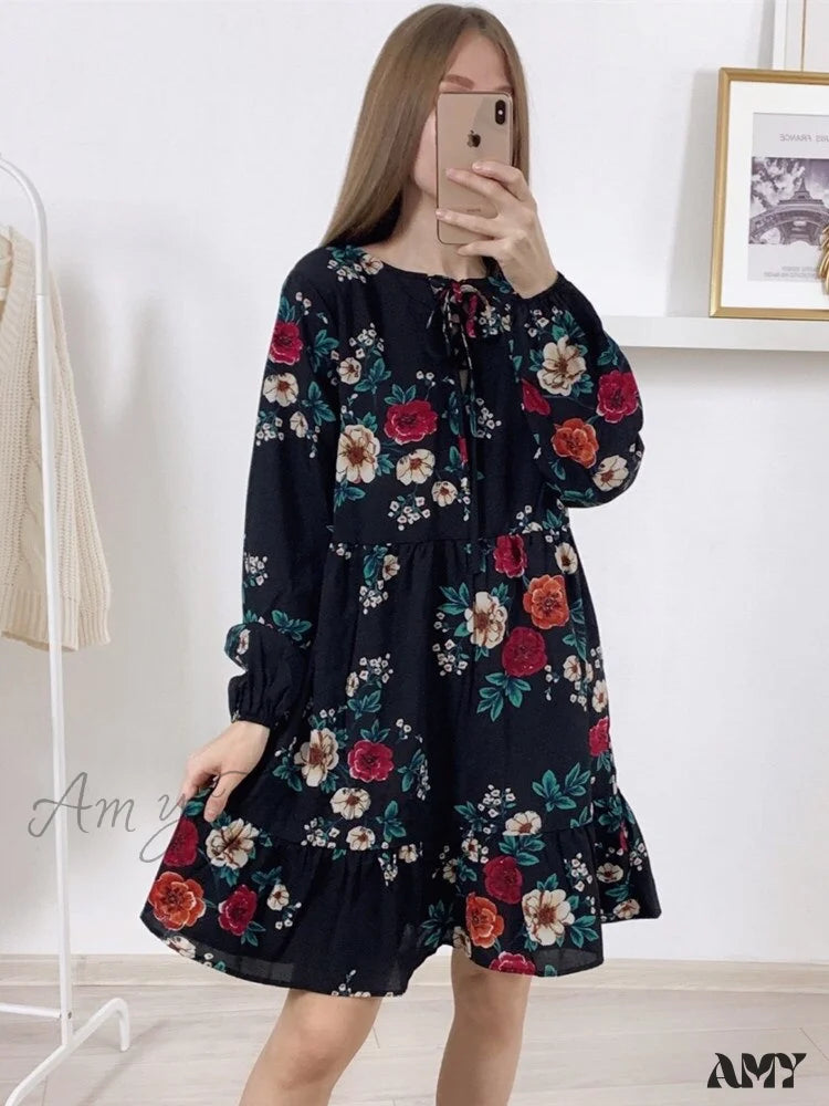 Amy Fashion - Casual O-Neck Full Sleeve High Waist Floral Dress