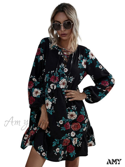 Amy Fashion - Casual O-Neck Full Sleeve High Waist Floral Dress