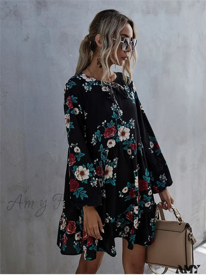 Amy Fashion - Casual O-Neck Full Sleeve High Waist Floral Dress