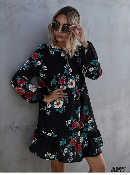 Amy Fashion - Casual O-Neck Full Sleeve High Waist Floral Dress Black / Xl