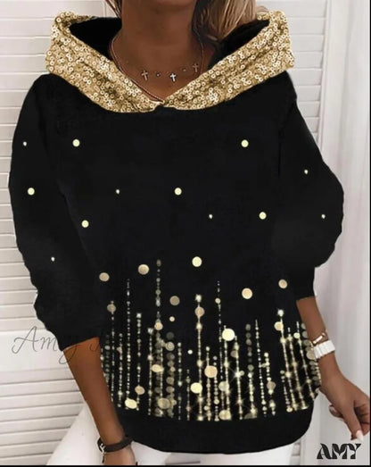 Amy Fashion - Casual Polka Dot Print Contrast Sequins Long Sleeve Hoodie Black 01 / S