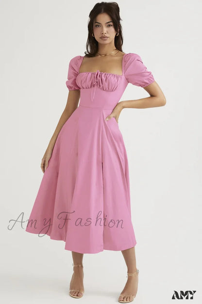 Amy Fashion - Casual Print Square Neck Puff Sleeve Dress Pink / L