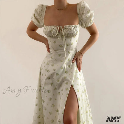 Amy Fashion - Casual Print Square Neck Puff Sleeve Dress Whiteyellow / Xs