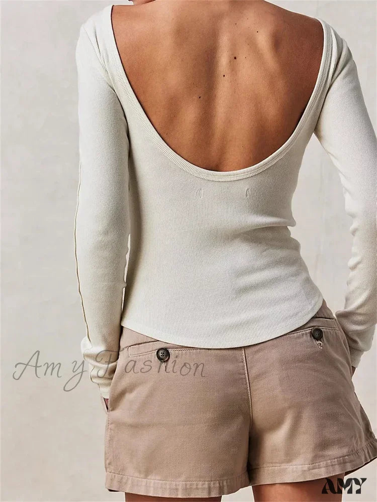 Amy Fashion - Casual Ribbed Long Sleeve Solid Slim Fit Backless T-Shirts