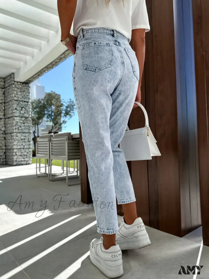 Amy Fashion - Casual Ripped Hole Women High Waist Denim 2024 Elegant Star Printed Streetwear Long