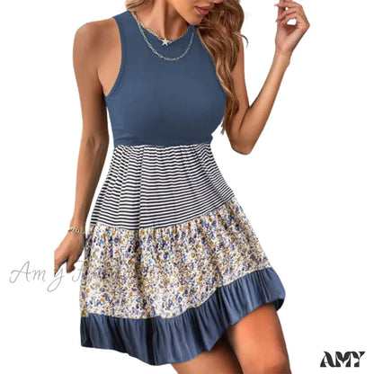 Amy Fashion - Casual Ruffle Sundress Beach Flowy Pleated Boho Dress Blue / S